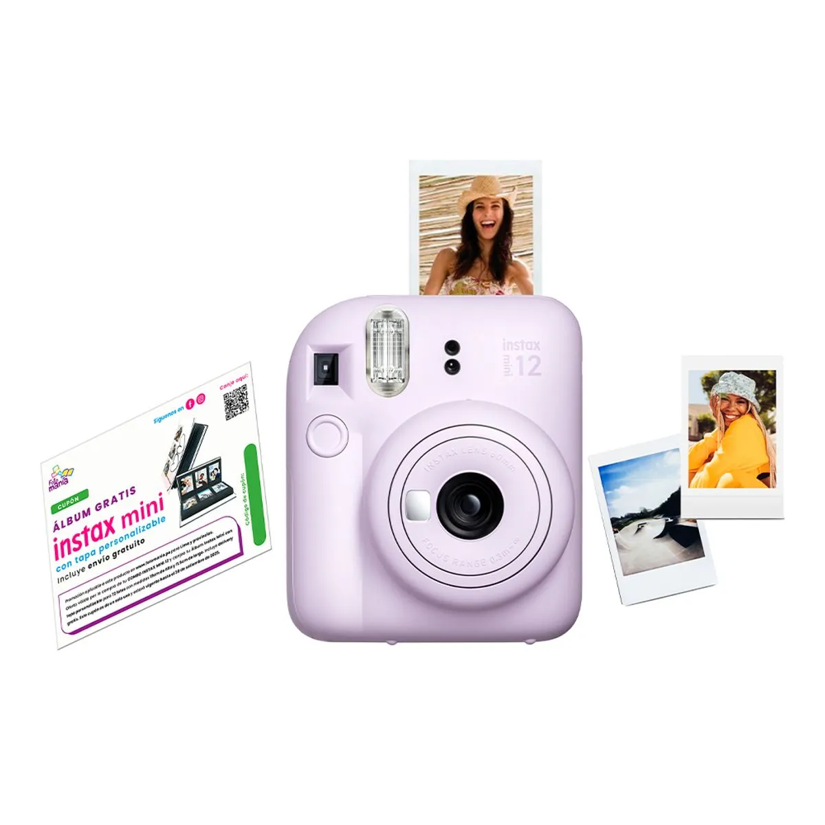 Fujifilm Combo Camara Fujifilm Instax Mini 12 lente 60mm, lila, Pack 10, Cupon-1-chapatodo.pe